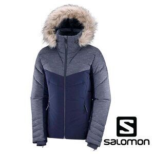 Salomon Warm Ambition Down Puffer Ski Jacket Large L Women Faux Fur Hood Winter